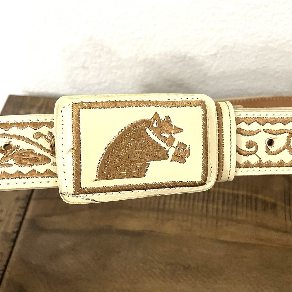 Mexican Embroidered Cowboy Belt. Western Beige Belt and Buckle 38